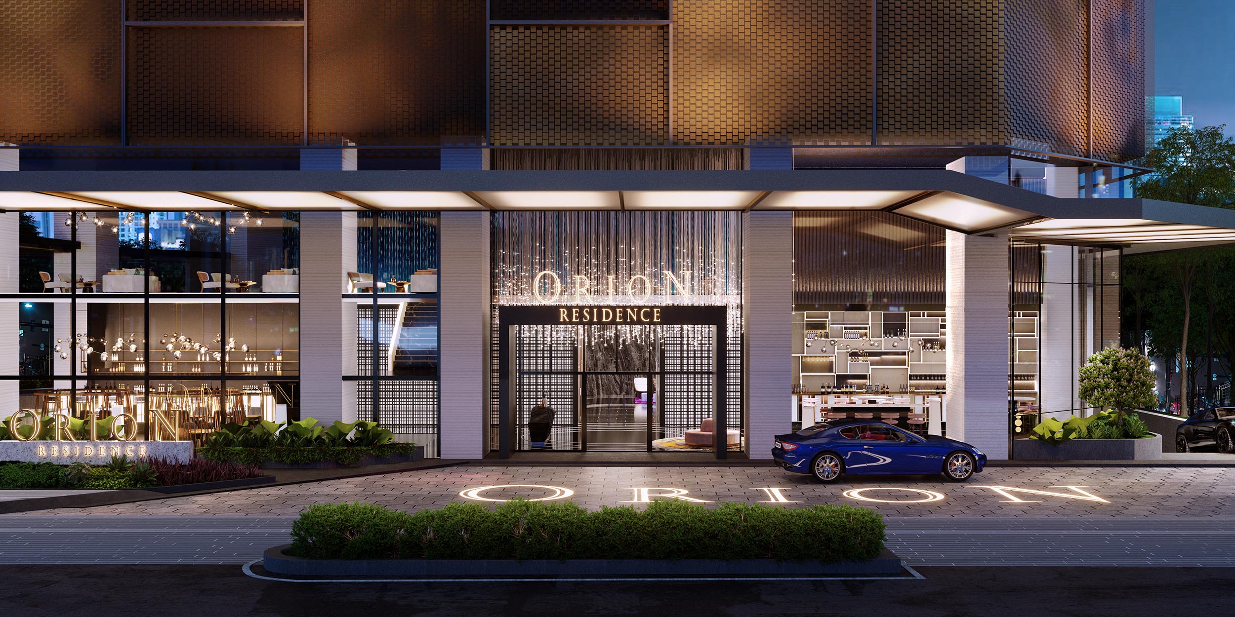 Orion Residence illuminated arrival and drop-off