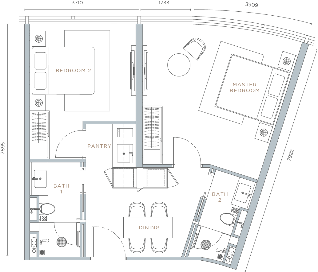Orion Residence Type B1 two-bedroom floor plan 680 square feet