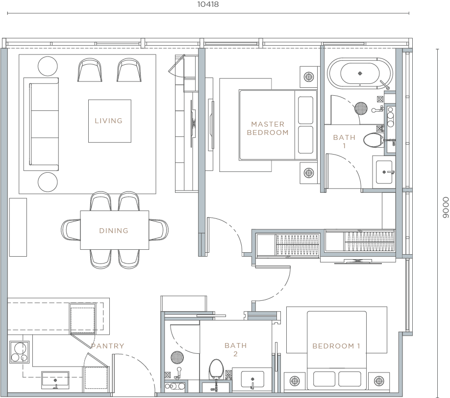 Orion Residence Type C4 two-bedroom floor plan 992 square feet