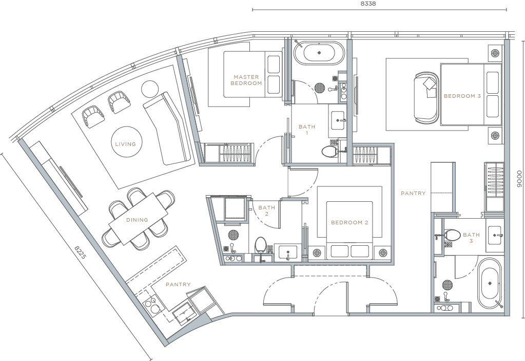 Orion Residence Type D2 three-bedroom dual-key floor plan 1329 square feet
