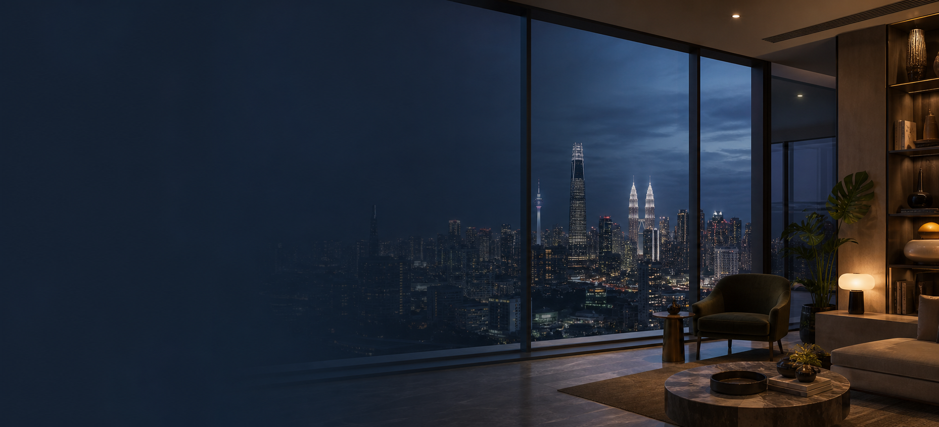 Kuala Lumpur skyline viewed from a contemporary private lounge at blue hour
