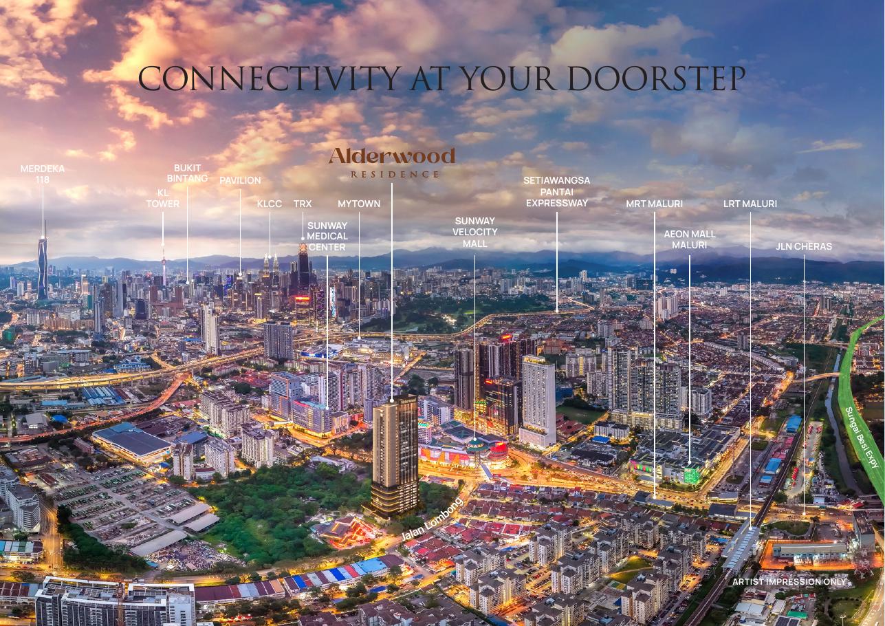 Aerial location of Alderwood Residence with Maluri MRT, Sunway Velocity, TRX and Kuala Lumpur landmarks