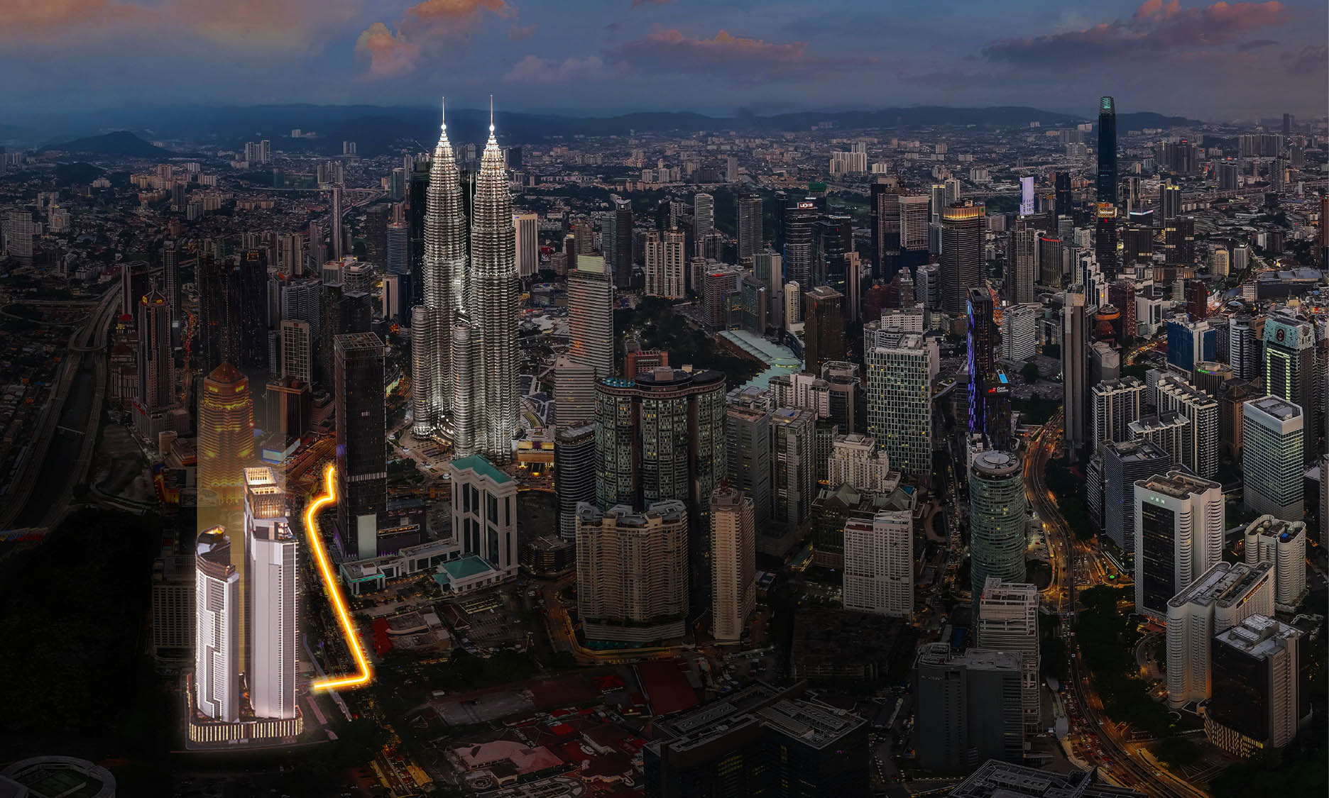 Aerial view illustrating the Armani Hallson KLCC connection toward the Petronas Twin Towers