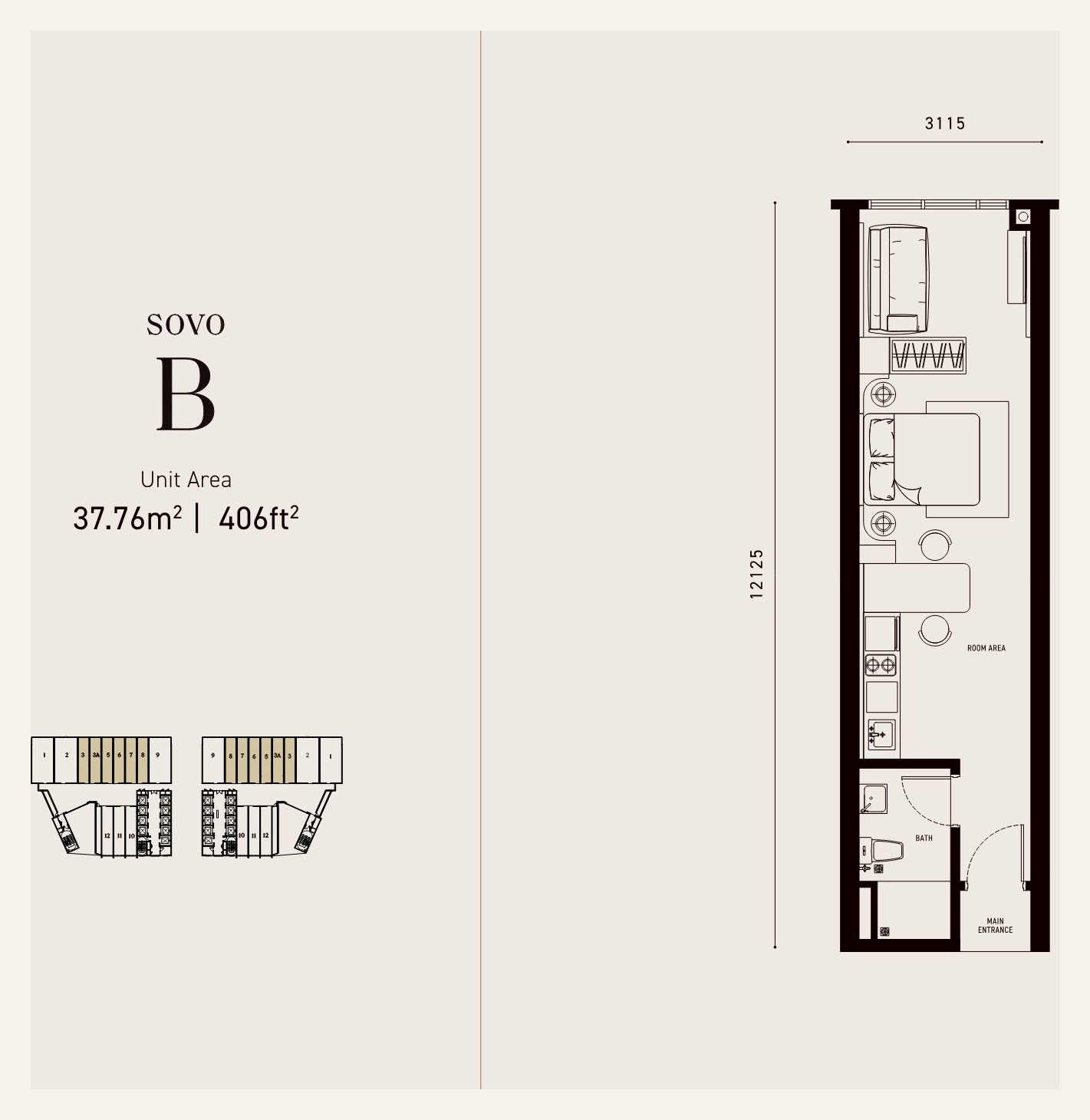 Armani Hallson KLCC SOVO Type B floor plan 406 square feet