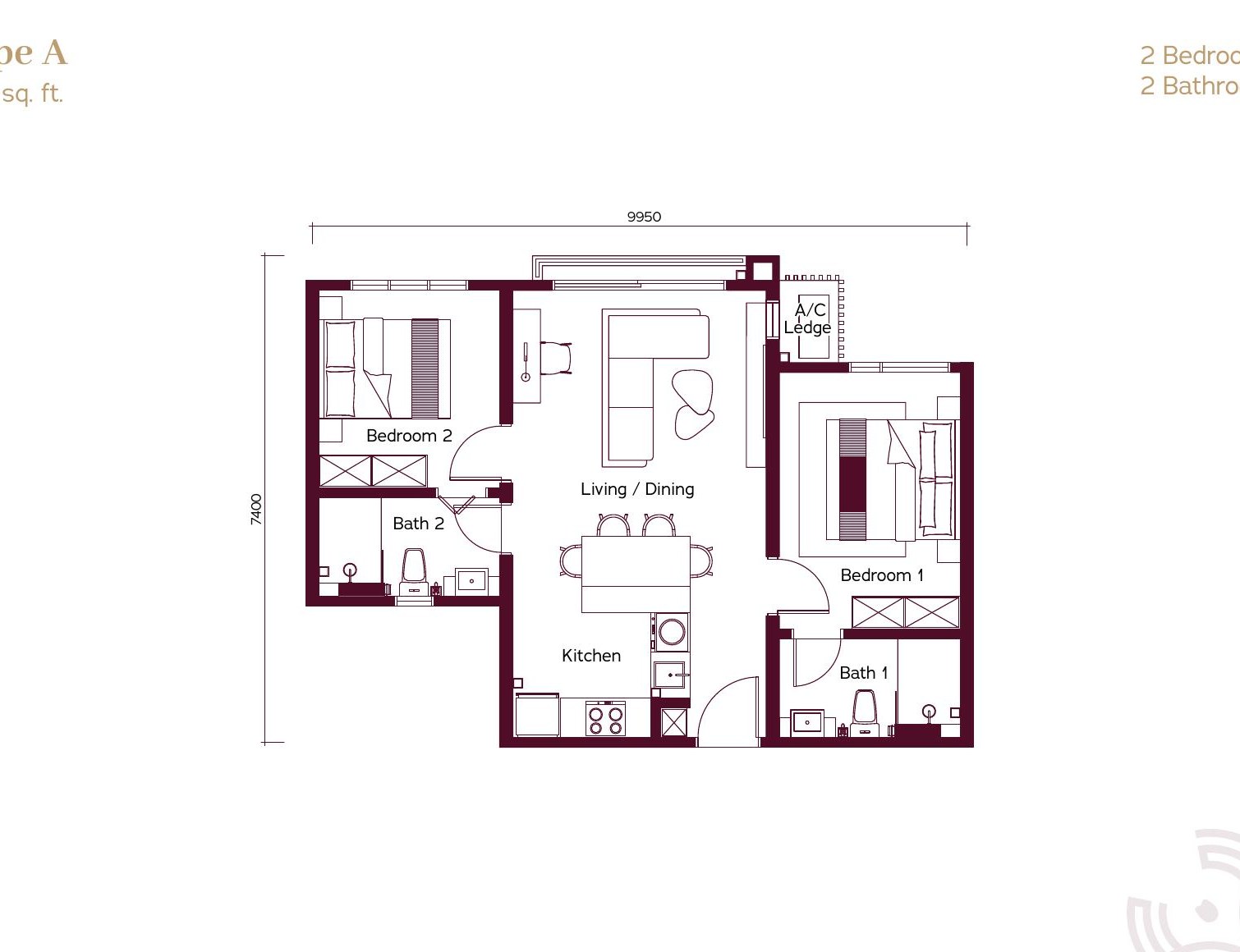 Binastra Cochrane Type A 649 sq ft 2-bedroom floor plan