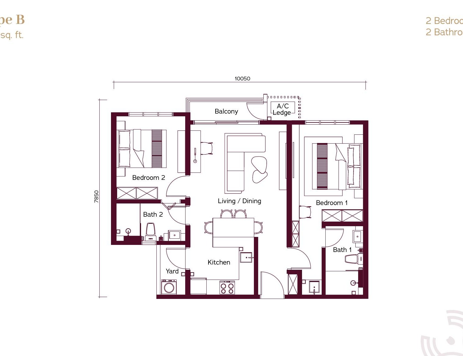 Binastra Cochrane Type B 763 sq ft 2-bedroom floor plan