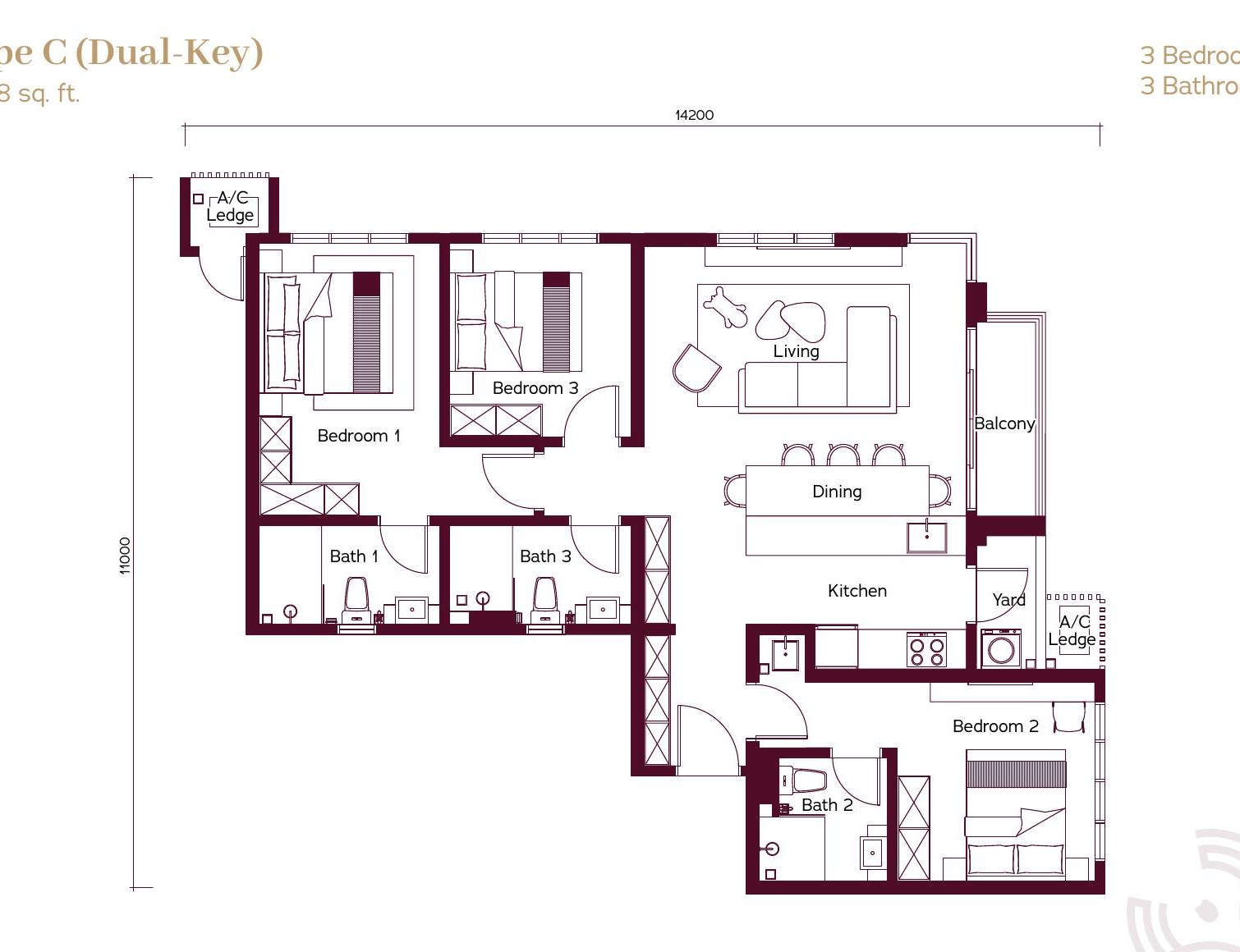 Binastra Cochrane Type C 1008 sq ft 3-bedroom dual-key floor plan