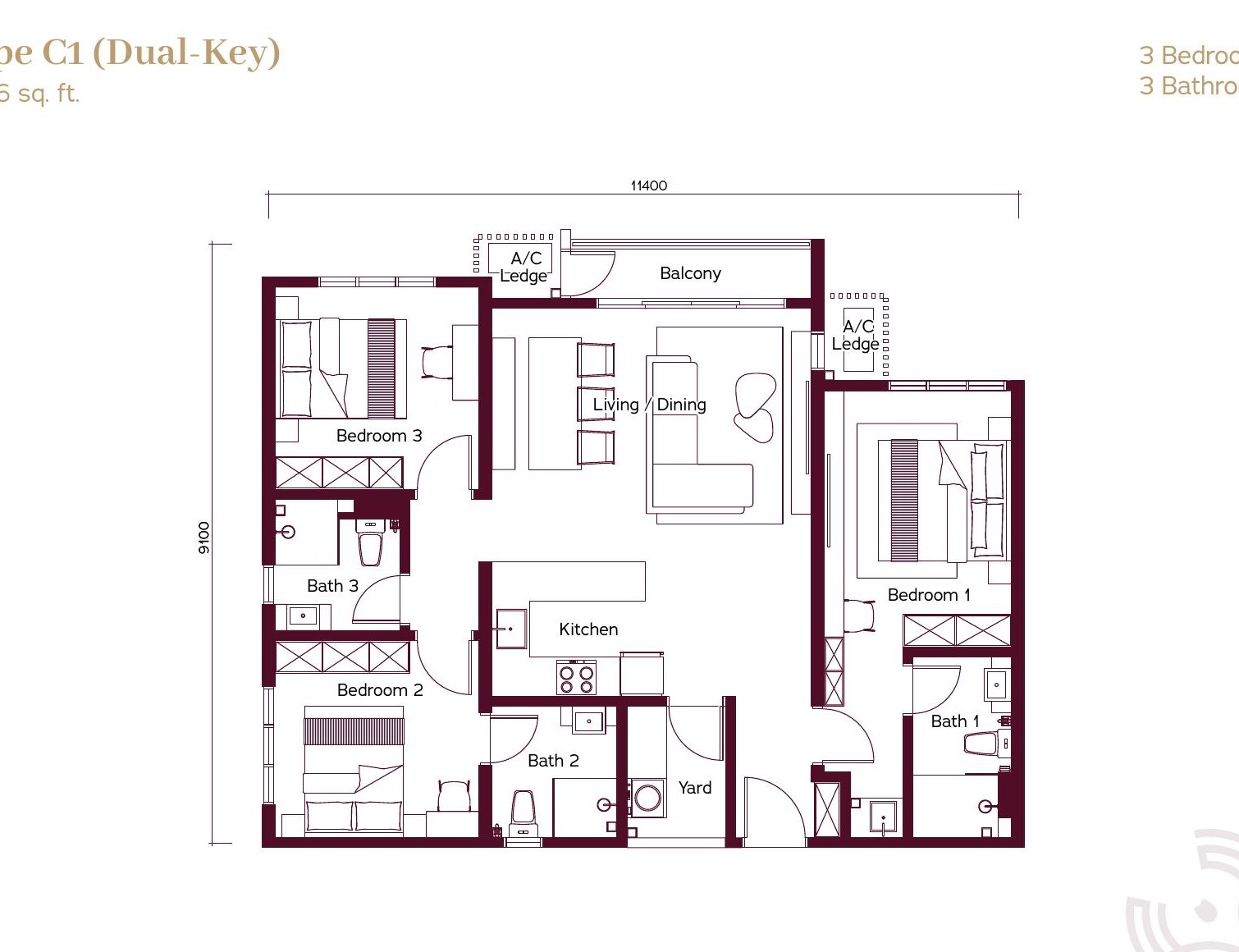 Binastra Cochrane Type C1 1026 sq ft 3-bedroom dual-key floor plan