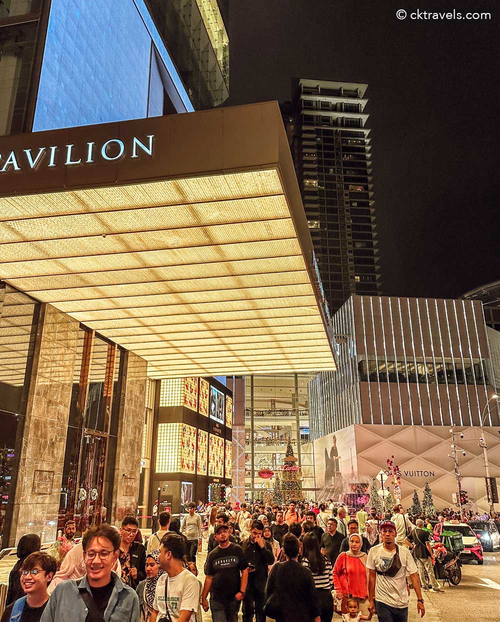 Pavilion Kuala Lumpur shopping centre exterior at night in Bukit Bintang