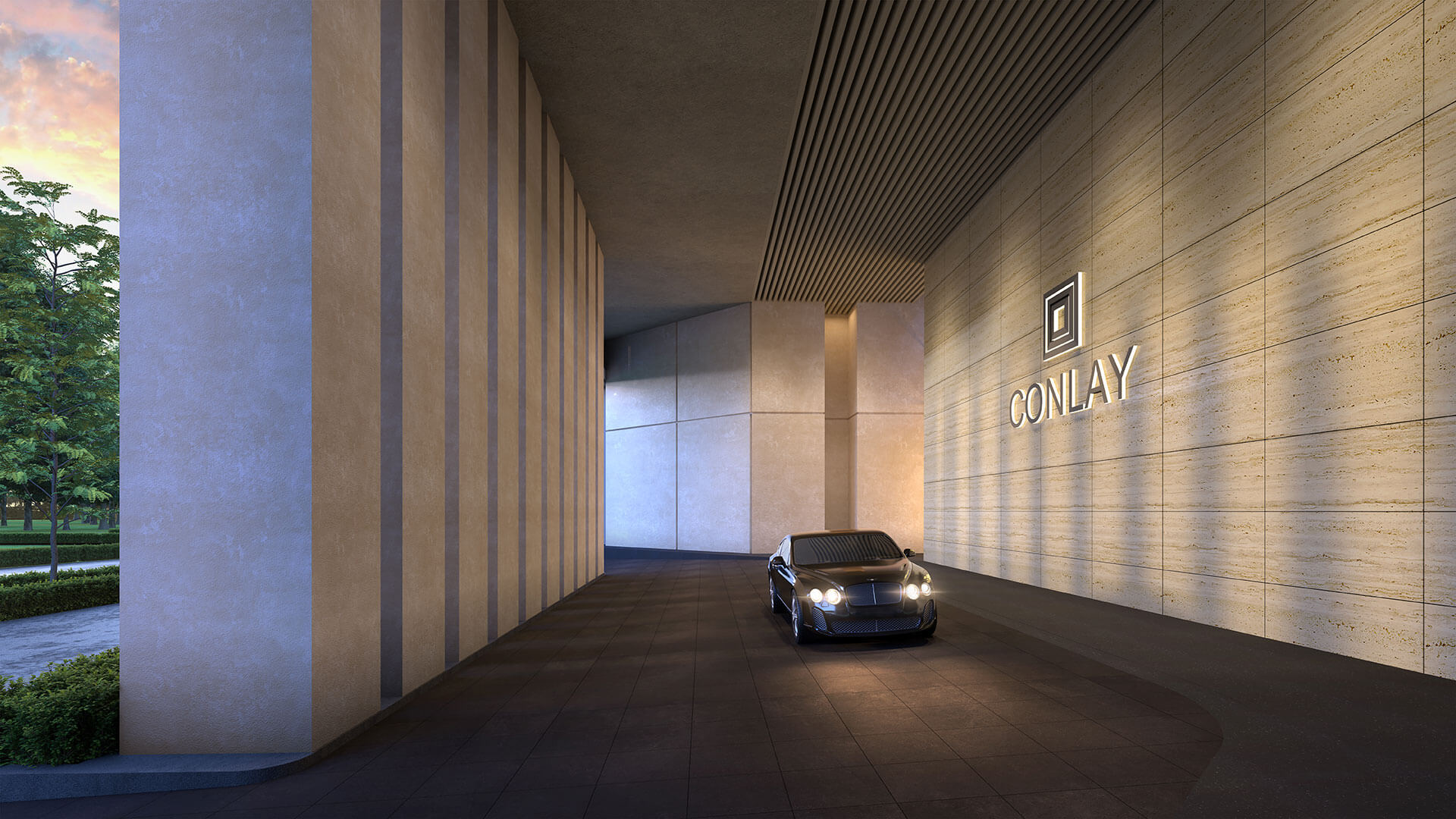 The Conlay elegant covered drop-off and arrival lobby