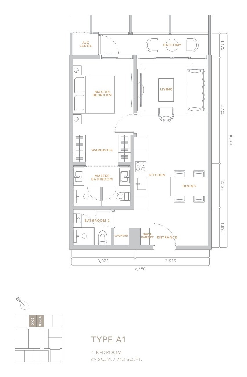 The Conlay Type A1 one-bedroom floor plan 743 square feet