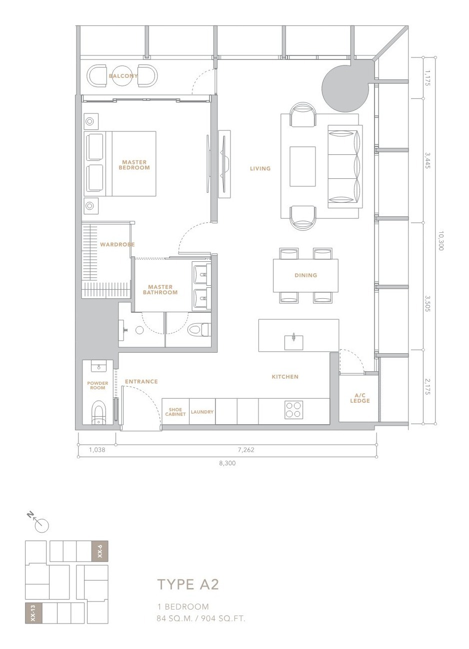 The Conlay Type A2 one-bedroom floor plan 904 square feet