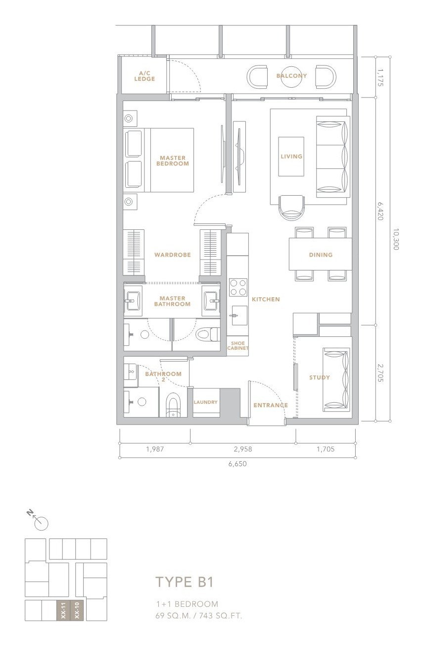 The Conlay Type B1 one plus one bedroom floor plan 743 square feet