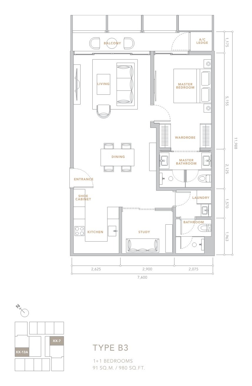 The Conlay Type B3 one plus one bedroom floor plan 980 square feet