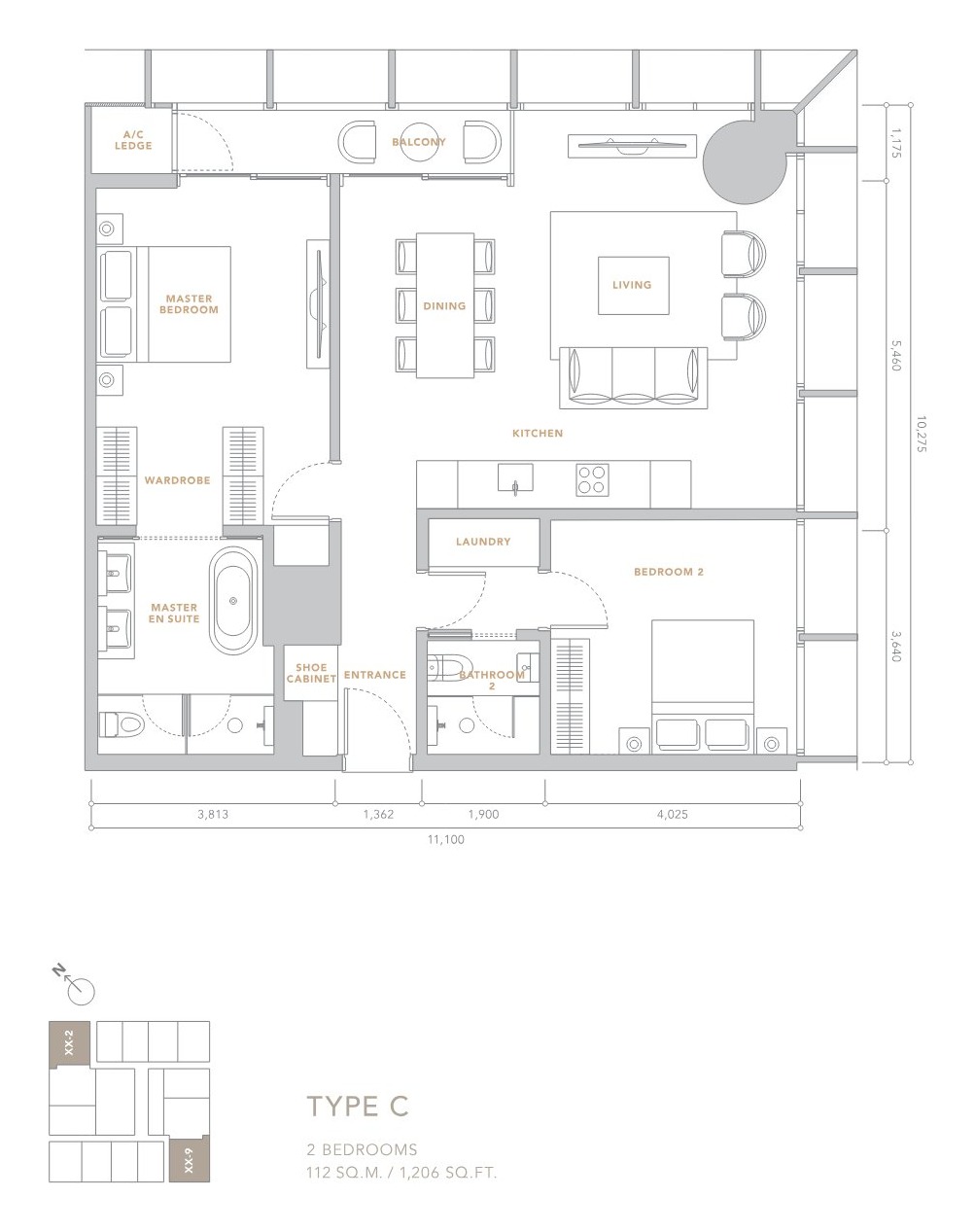 The Conlay Type C two-bedroom floor plan 1206 square feet