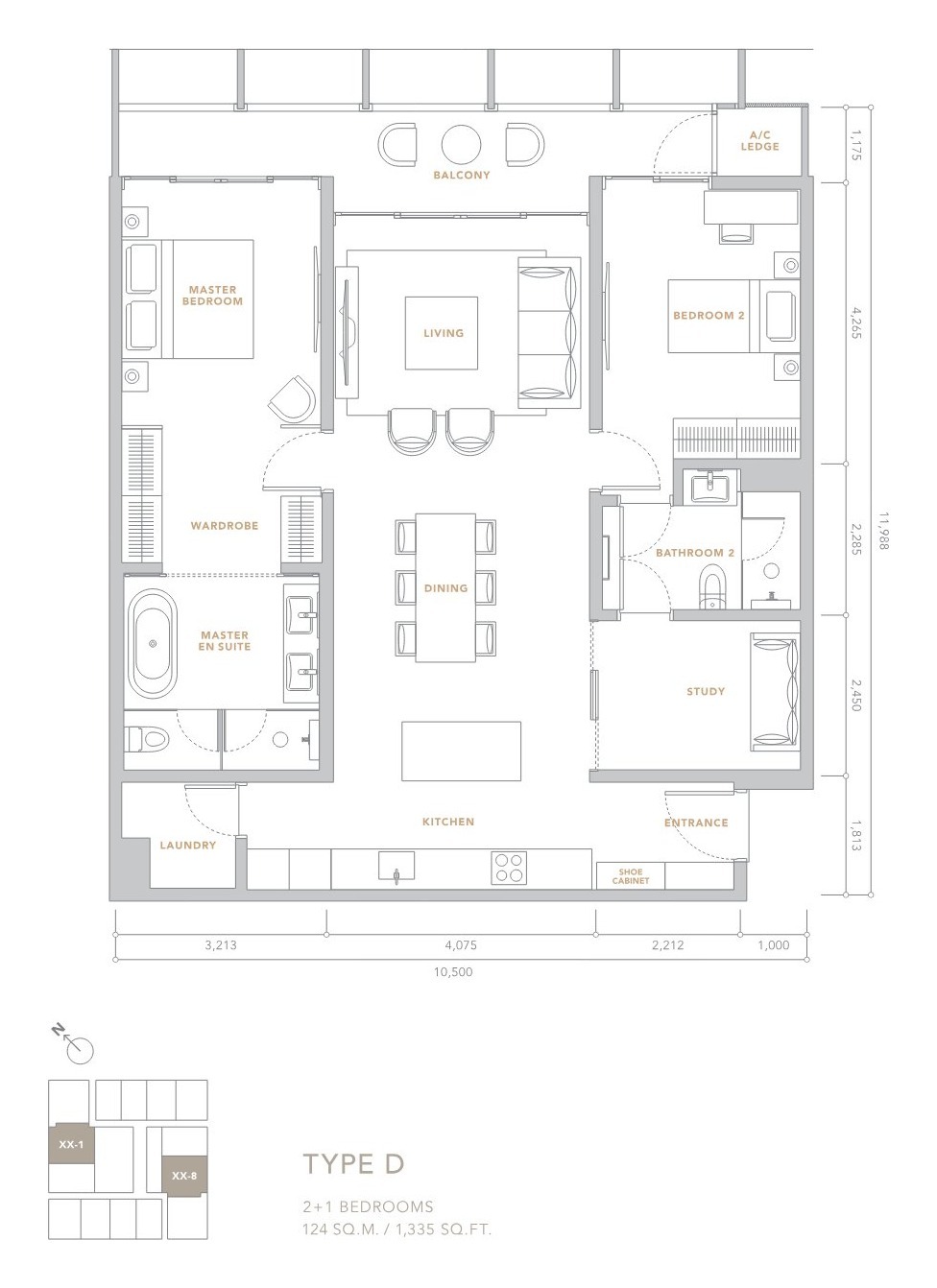 The Conlay Type D two plus one bedroom floor plan 1335 square feet