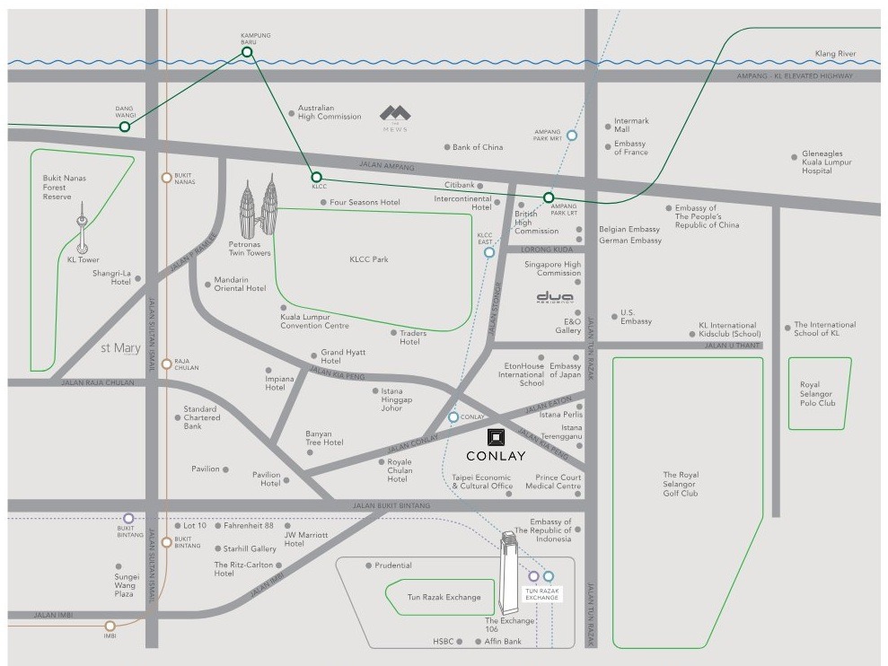 The Conlay location map showing Conlay MRT, KLCC, Pavilion Kuala Lumpur and TRX