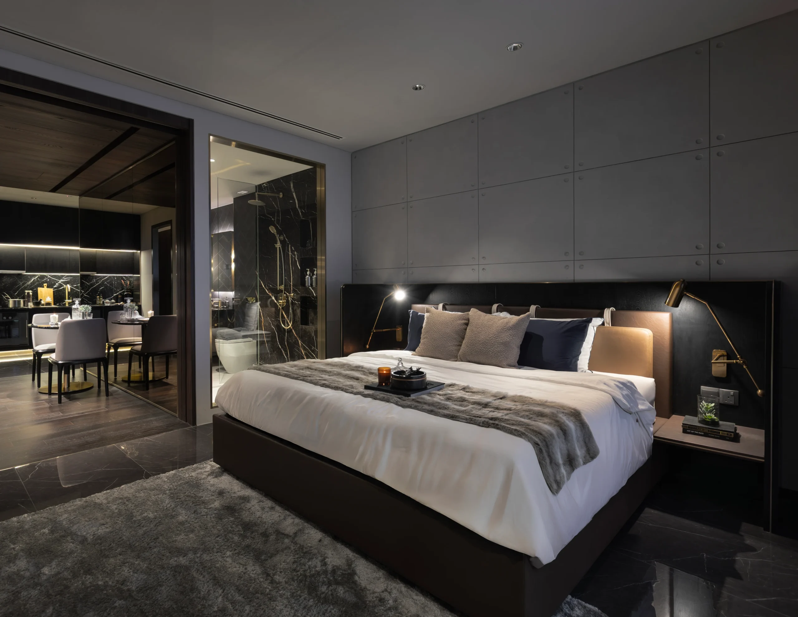 CloutHaus residence bedroom with premium dark finishes