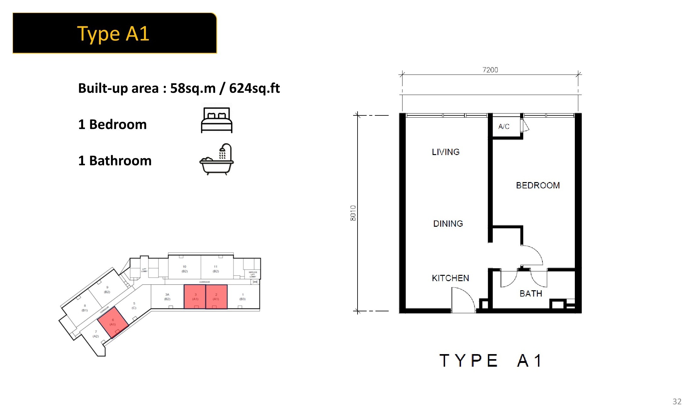 Golden Crown Residence Type A1 one-bedroom floor plan 624 square feet