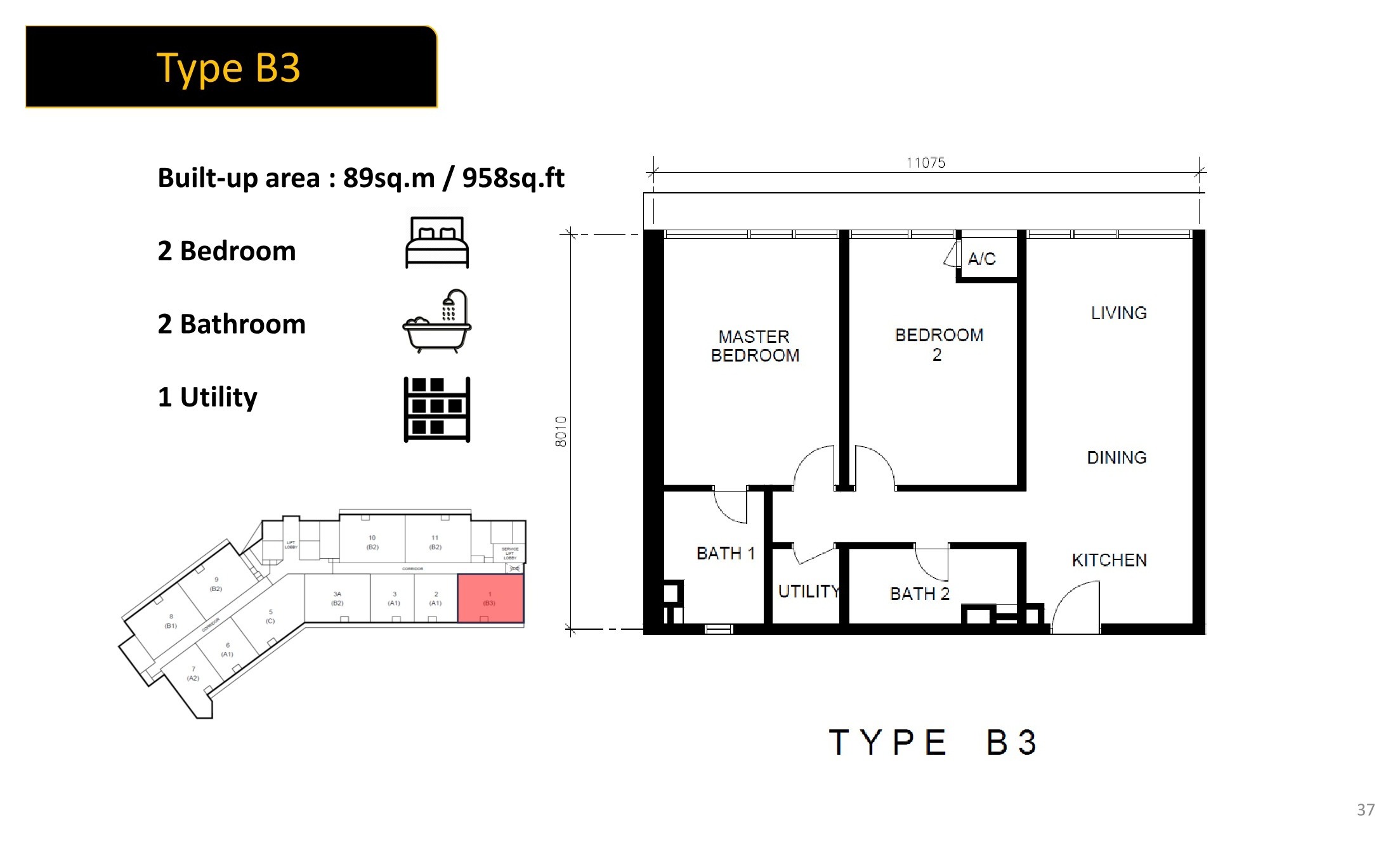 Golden Crown Residence Type B3 two-bedroom floor plan 958 square feet