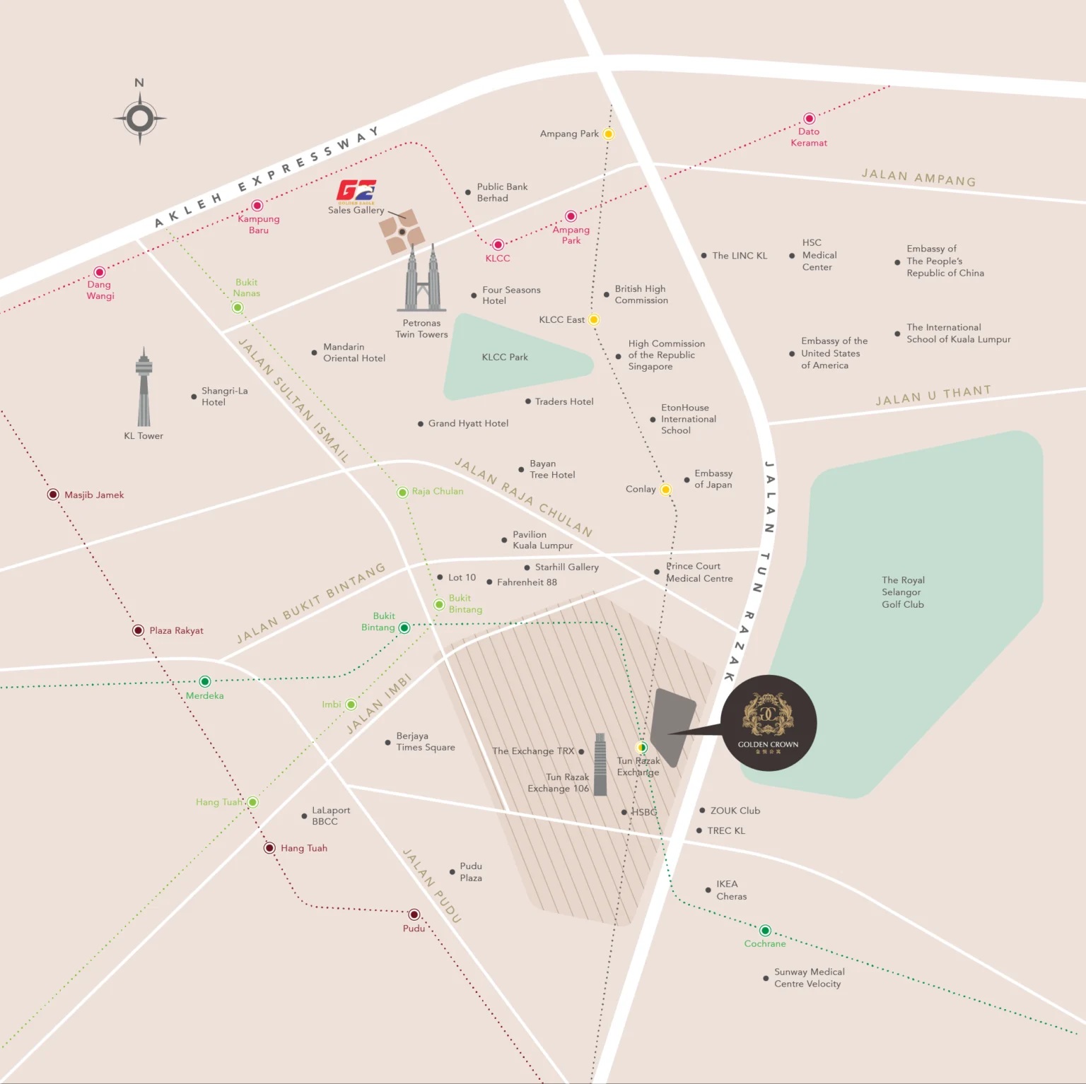 Golden Crown Residence official location map showing TRX, Bukit Bintang, KLCC and surrounding amenities