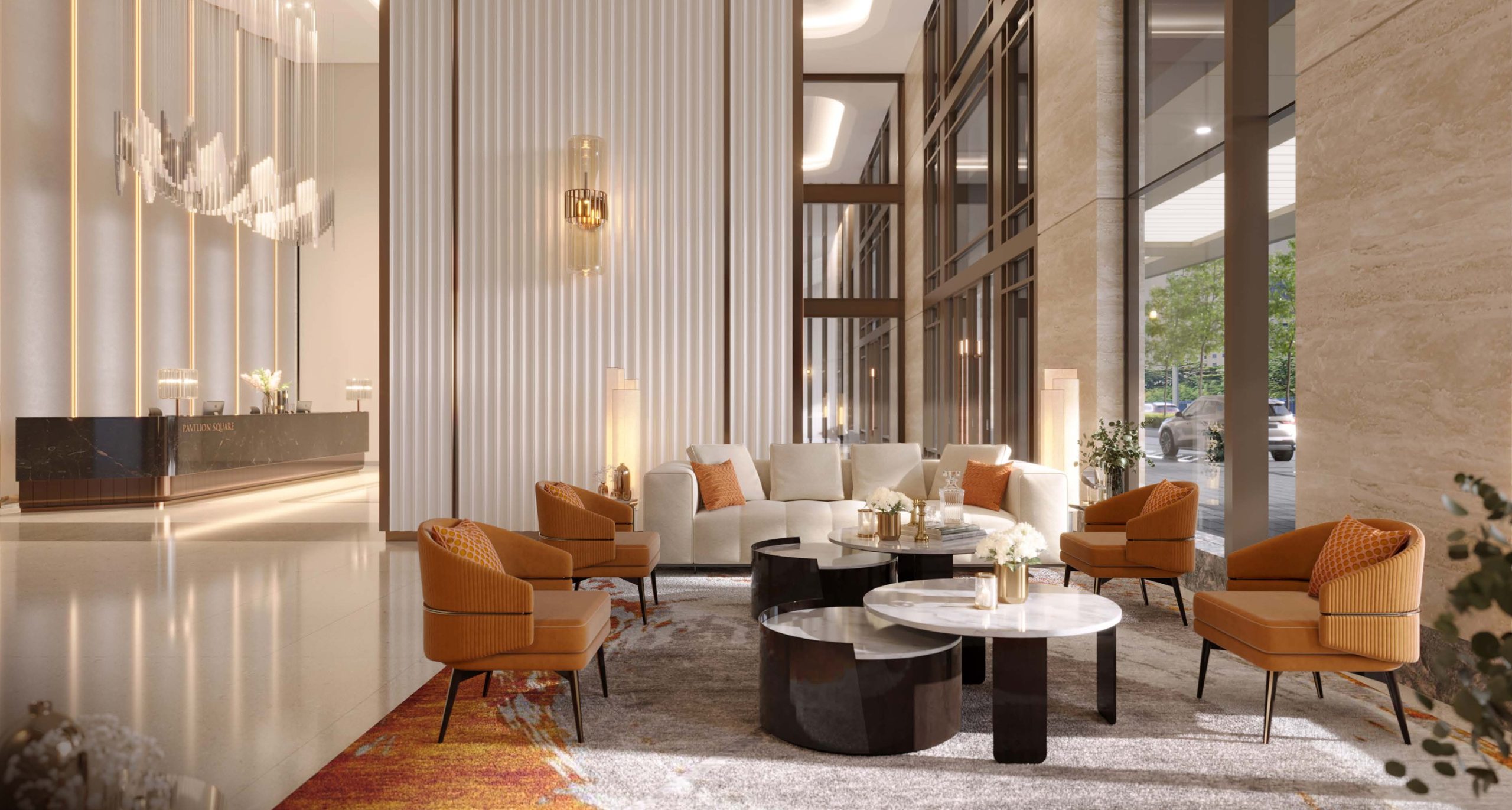 Pavilion Square grand lounge with double-volume windows and luxury seating