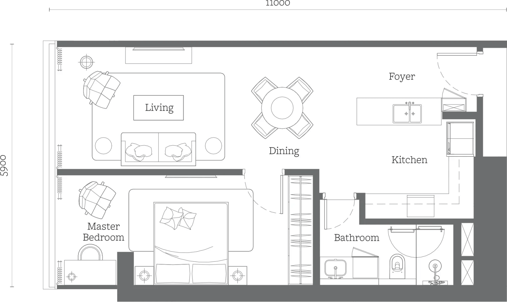 Jewel by Oxley Type B1 one-bedroom floor plan 678 square feet
