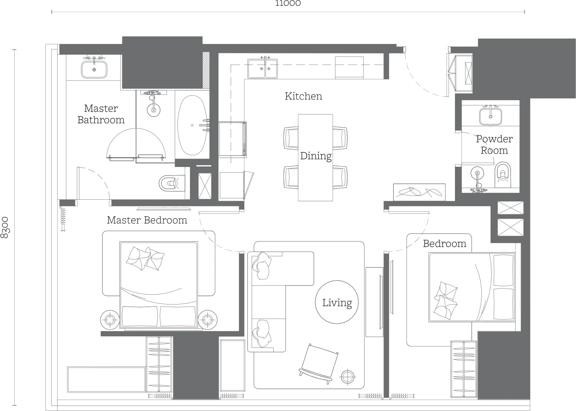 Jewel by Oxley Type C2 two-bedroom floor plan 980 square feet