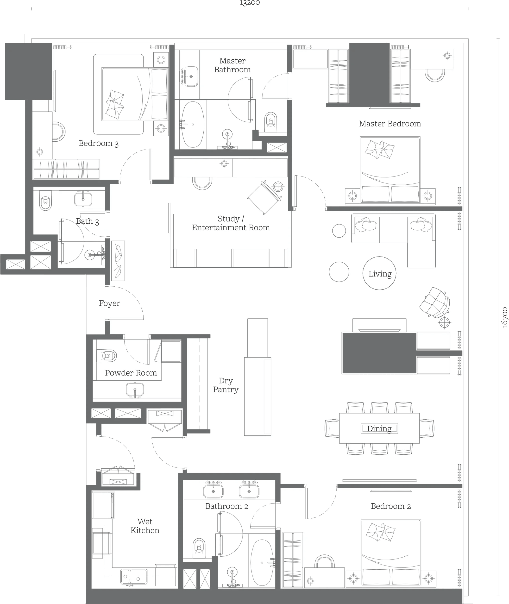 Jewel by Oxley Type E1 three plus one bedroom floor plan 2185 square feet