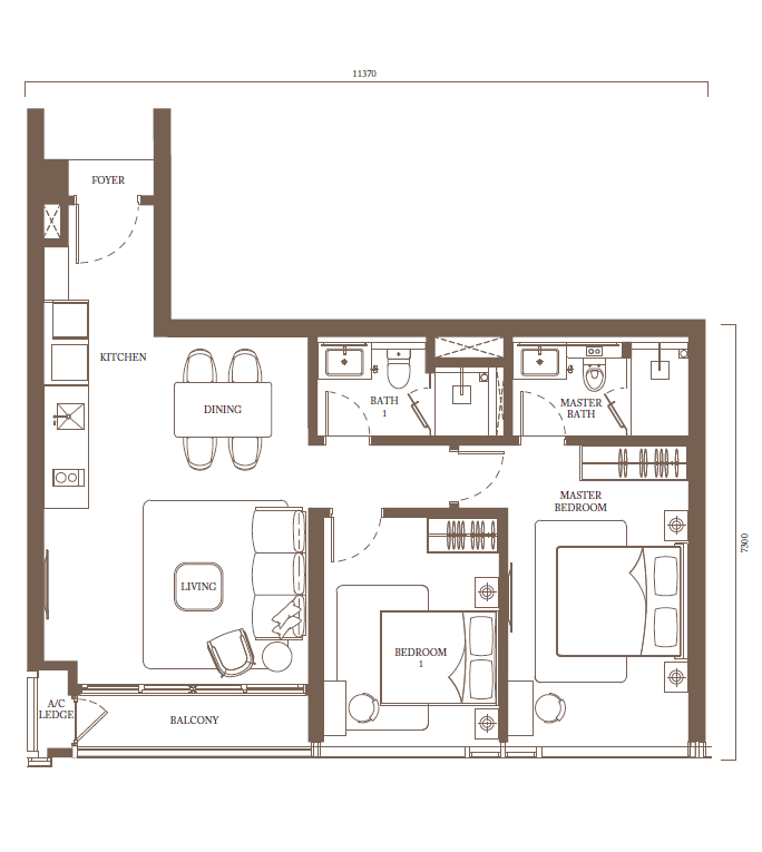 Pavilion Square Type C1 966 sq ft two bedroom floor plan