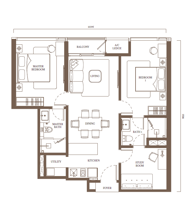 Pavilion Square Type C2 978 sq ft two bedroom study floor plan