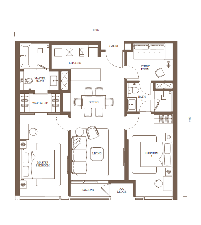 Pavilion Square Type C3 1100 sq ft two bedroom study floor plan