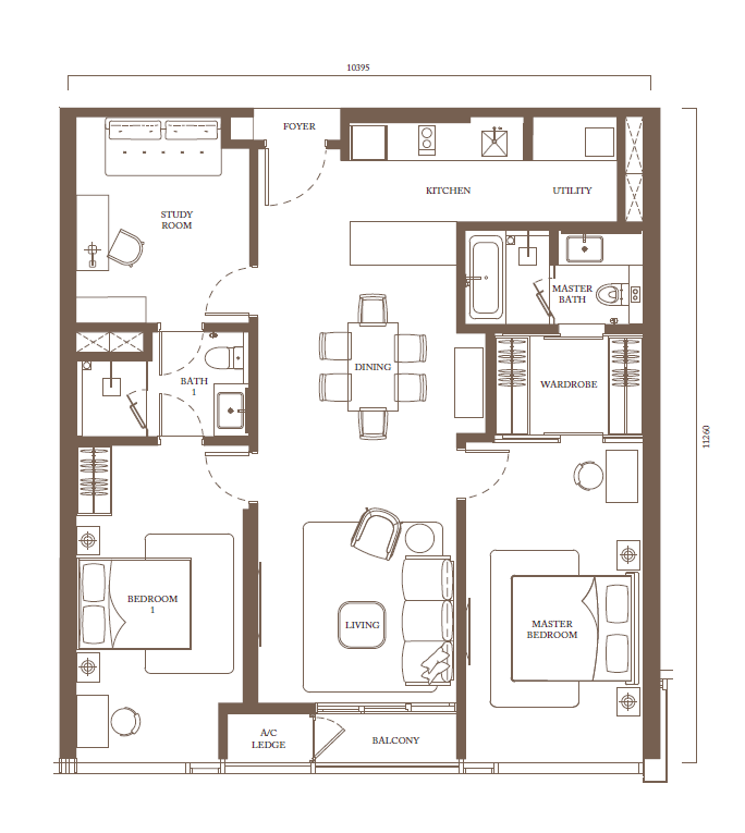 Pavilion Square Type C4 1272 sq ft two bedroom study floor plan