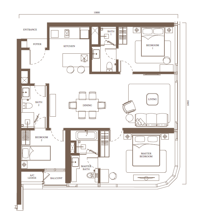 Pavilion Square Type D 1255 sq ft three bedroom floor plan