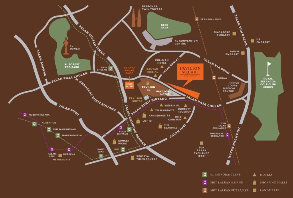 Pavilion Square Kuala Lumpur location map showing Pavilion KL, Bukit Bintang, KLCC and TRX
