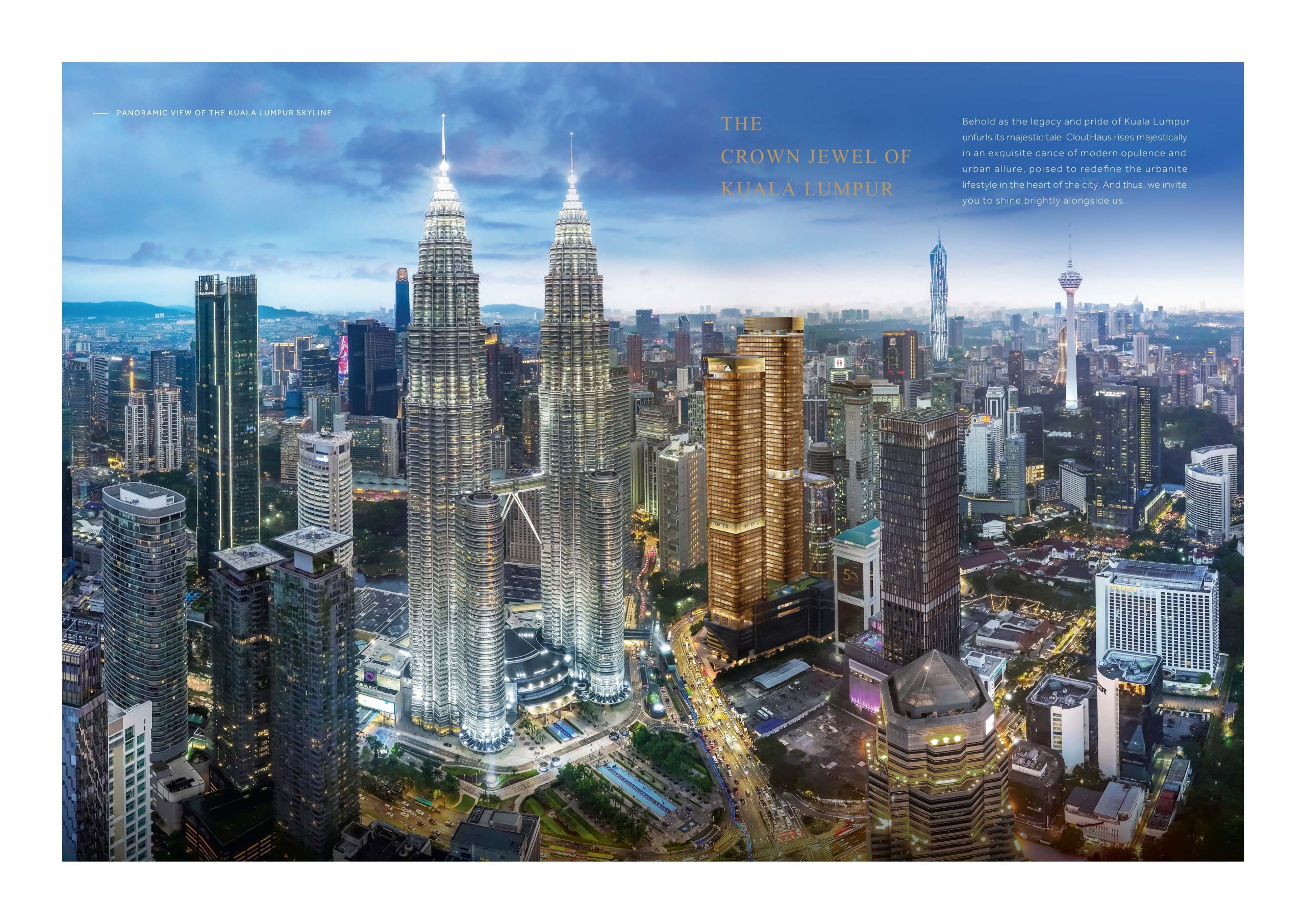 Panoramic Kuala Lumpur skyline with CloutHaus and the Petronas Twin Towers