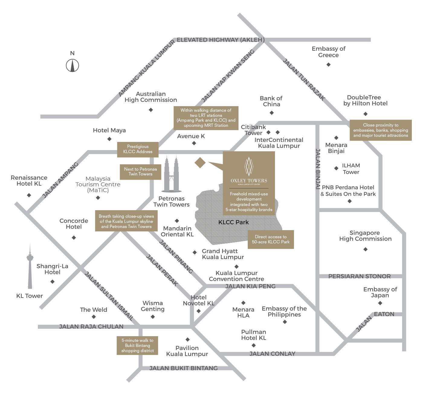 SO KL Residences at Oxley Towers location map showing KLCC, rail stations and nearby landmarks