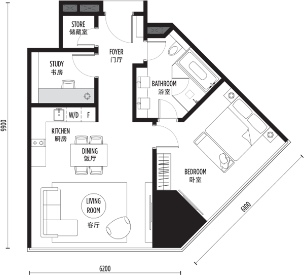 SO KL Residences Type C-2A one plus one bedroom floor plan 815 square feet