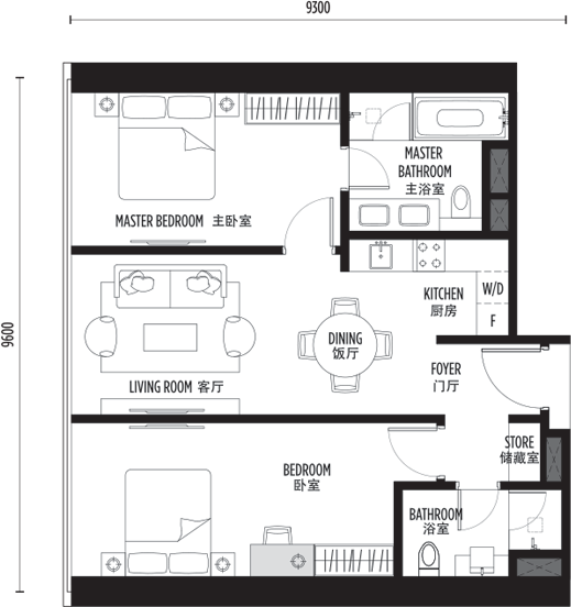 SO KL Residences Type D1 two-bedroom floor plan 903 square feet