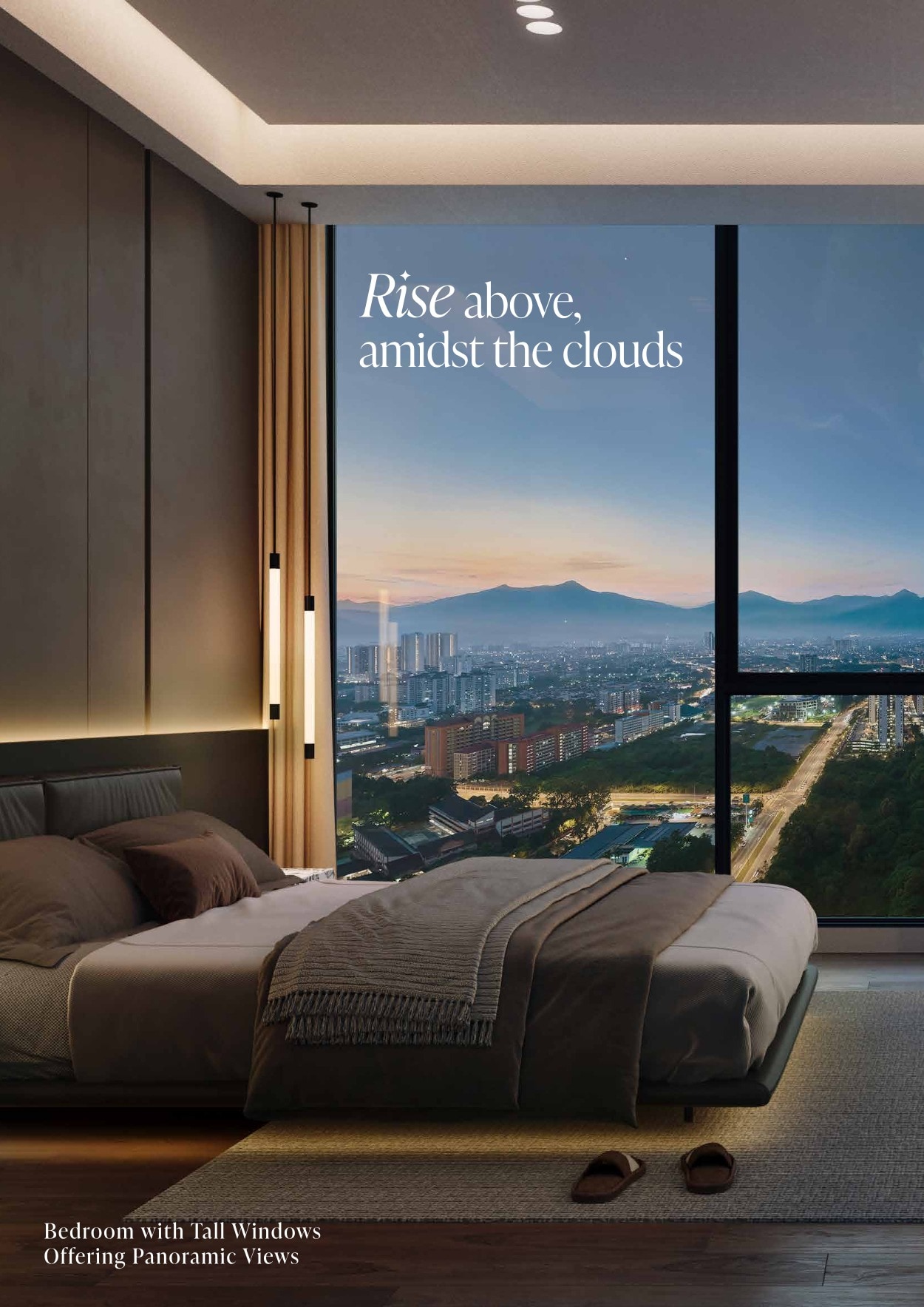 Sunway Cochrane bedroom with tall windows and panoramic views