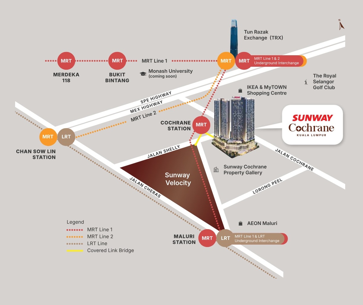 Sunway Cochrane location map showing Cochrane MRT, TRX, Sunway Velocity, MyTOWN, IKEA and Maluri station