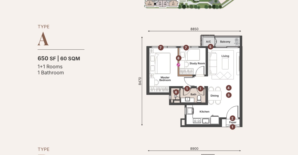 Sunway Cochrane Type A 650 sq ft 1+1-bedroom floor plan