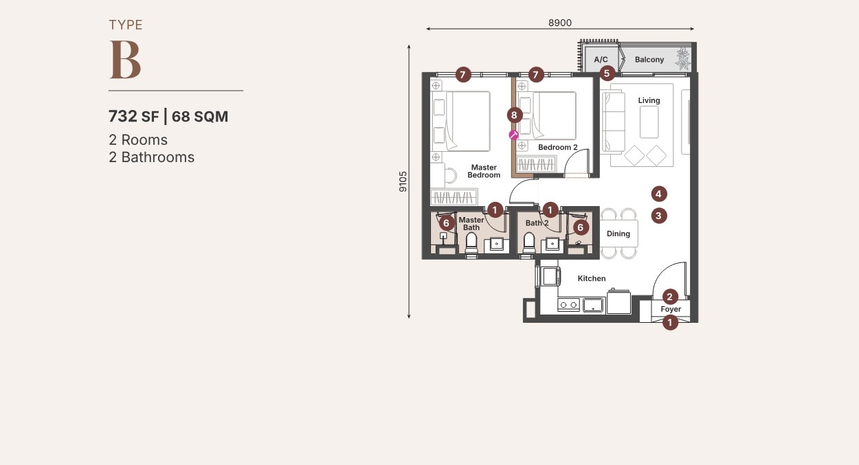 Sunway Cochrane Type B 732 sq ft 2-bedroom floor plan