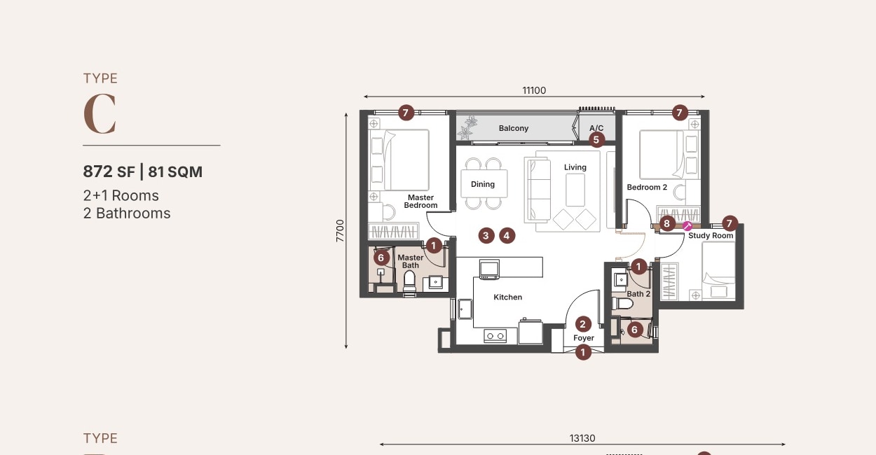 Sunway Cochrane Type C 872 sq ft 2+1-bedroom floor plan