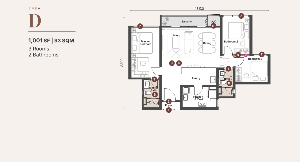 Sunway Cochrane Type D 1001 sq ft 3-bedroom floor plan