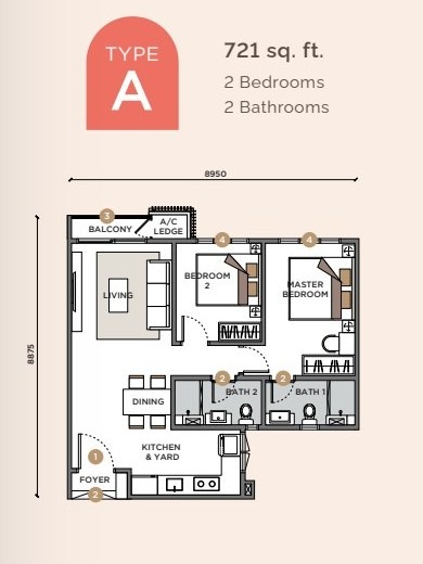 Sunway Velocity 3 Type A 721 sq ft 2-bedroom floor plan