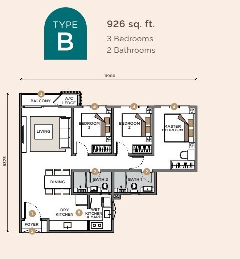 Sunway Velocity 3 Type B 926 sq ft 3-bedroom floor plan