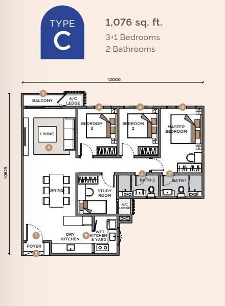 Sunway Velocity 3 Type C 1076 sq ft 3+1-bedroom floor plan
