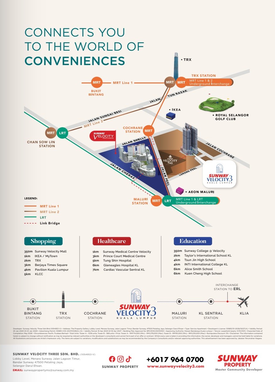 Sunway Velocity 3 location map showing Cochrane MRT, Maluri MRT and LRT, TRX, IKEA, MyTOWN and AEON Maluri