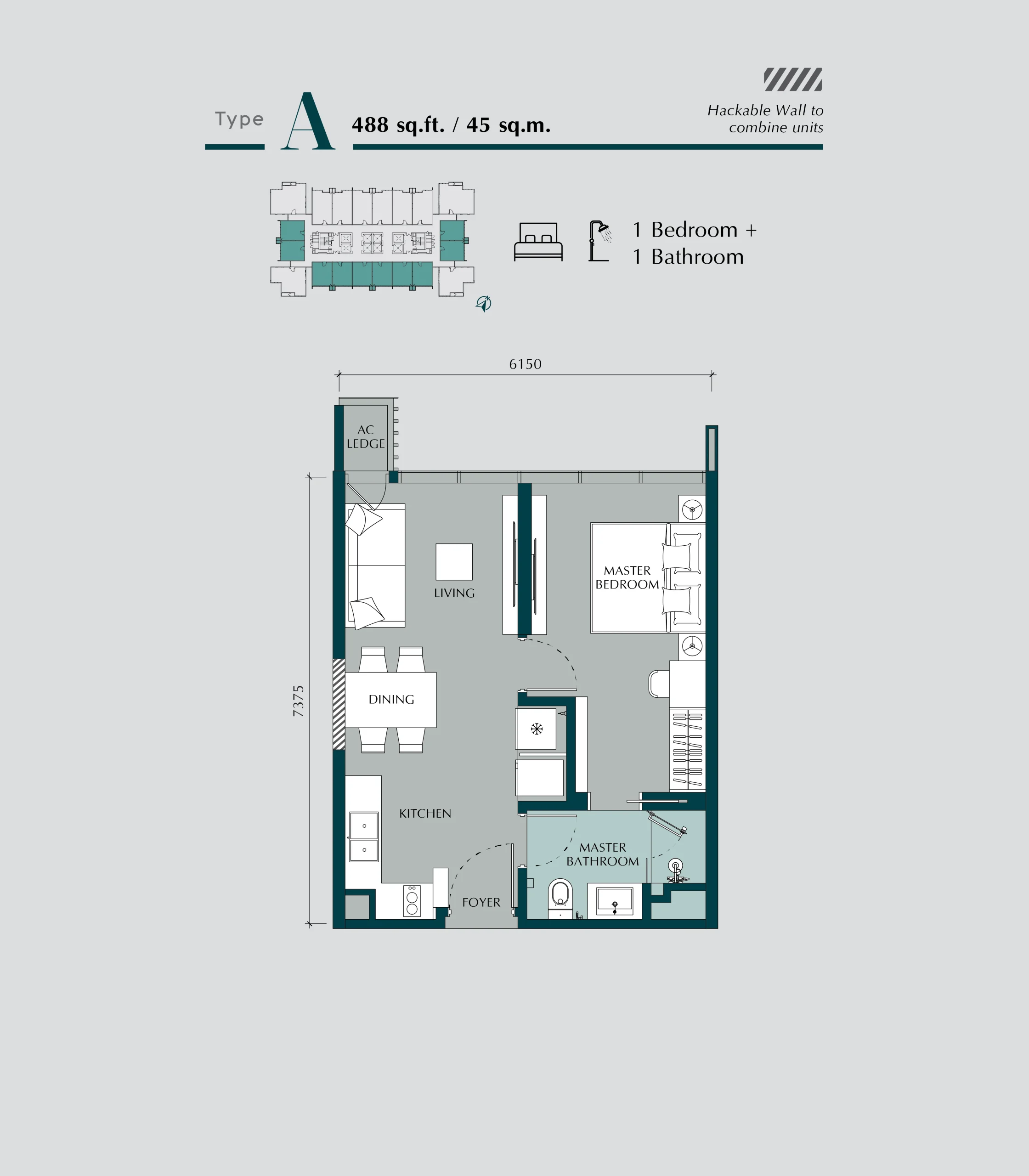 Times Square 2 Type A 488 sq ft one-bedroom floor plan